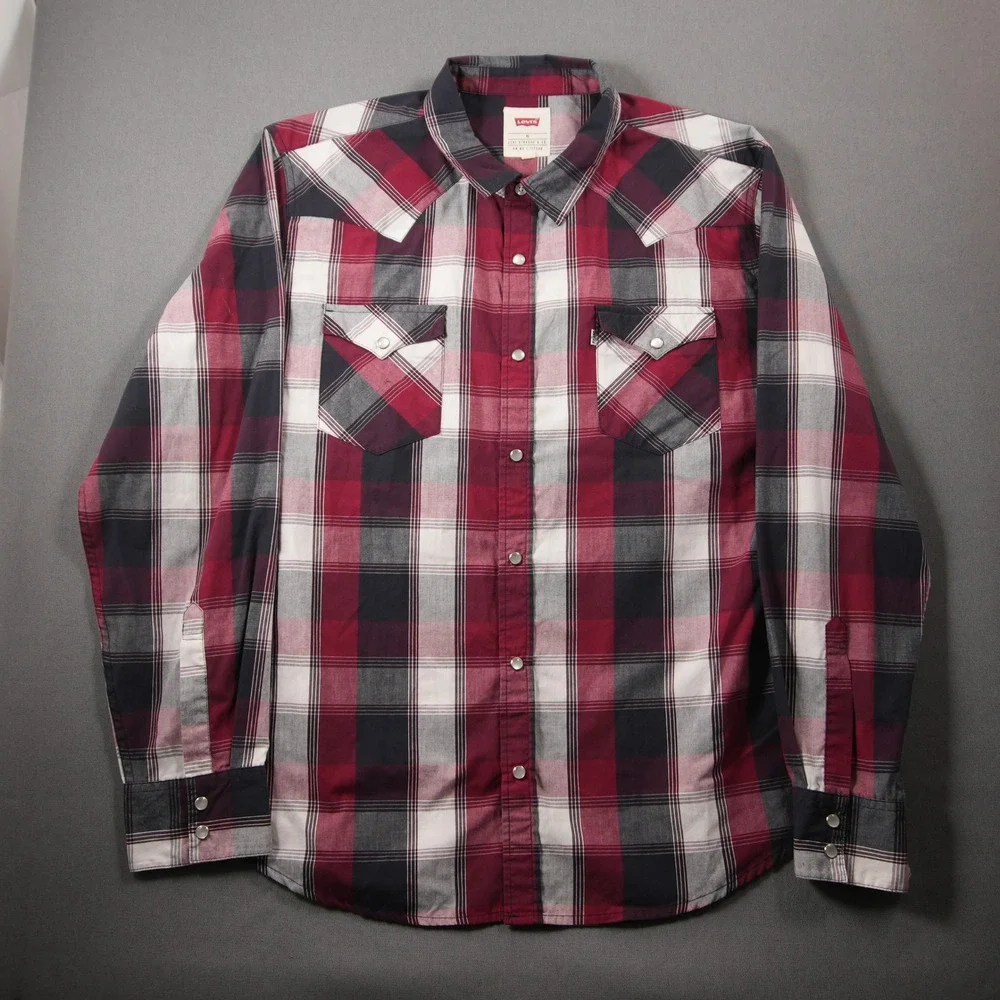 Levi Plaid Pearl Snap Western Cowboy Rodeo Red Black Men Shirt XL Ranch Y2K